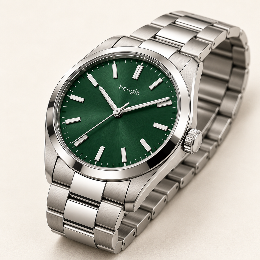 bengik Atlas watch: round silver-tone case, forest-green dial, bold baton markers and silver-tone link bracelet, diagonal detail view.