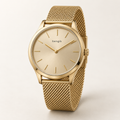bengik Aurelia watch: round gold-tone case, champagne dial, fine baton markers and gold-tone mesh bracelet, main three-quarter view.