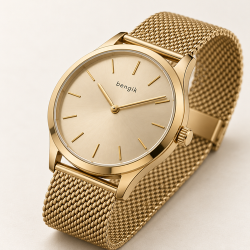 bengik Aurelia watch: round gold-tone case, champagne dial, fine baton markers and gold-tone mesh bracelet, diagonal detail view.