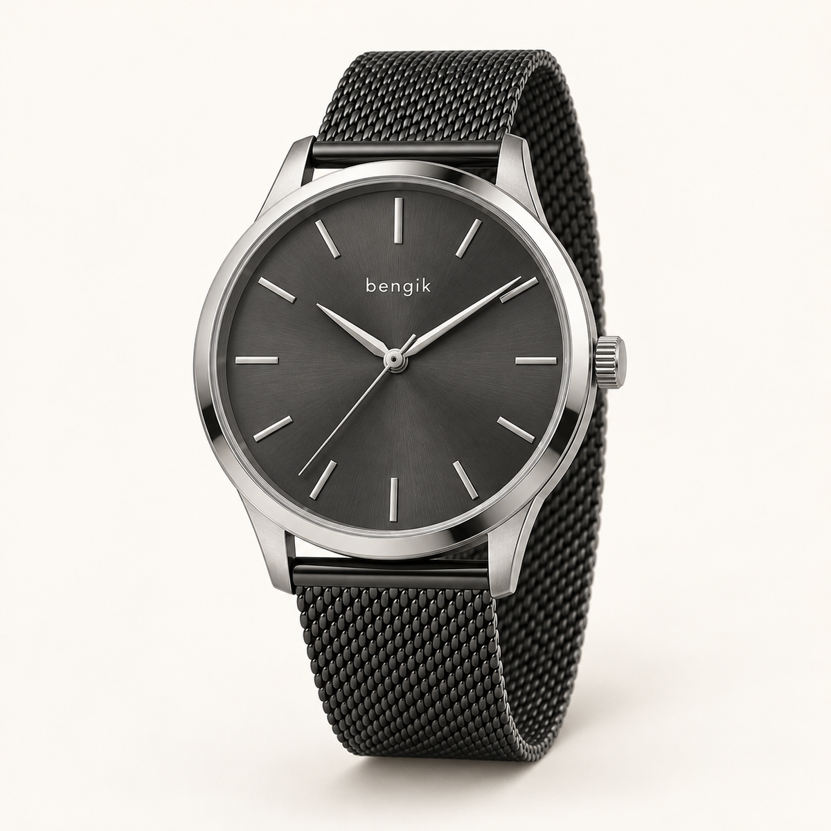 bengik Eclipse watch: round silver-tone case, charcoal dial, minimalist baton markers and black mesh bracelet, main three-quarter view.