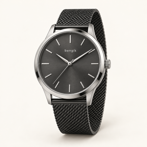 bengik Eclipse watch: round silver-tone case, charcoal dial, minimalist baton markers and black mesh bracelet, main three-quarter view.