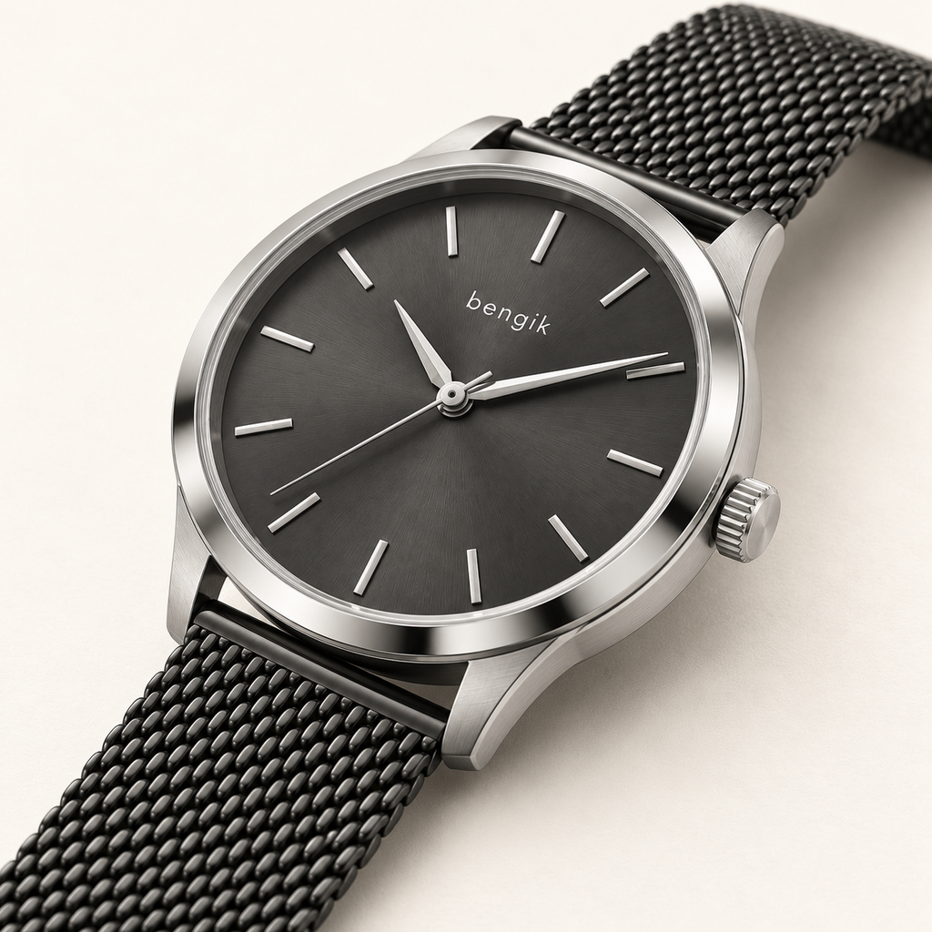 bengik Eclipse watch: round silver-tone case, charcoal dial, minimalist baton markers and black mesh bracelet, diagonal detail view.