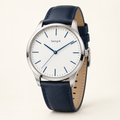 bengik Horizon watch: round silver-tone case, white dial, blue baton markers and navy leather-look strap, main three-quarter view.
