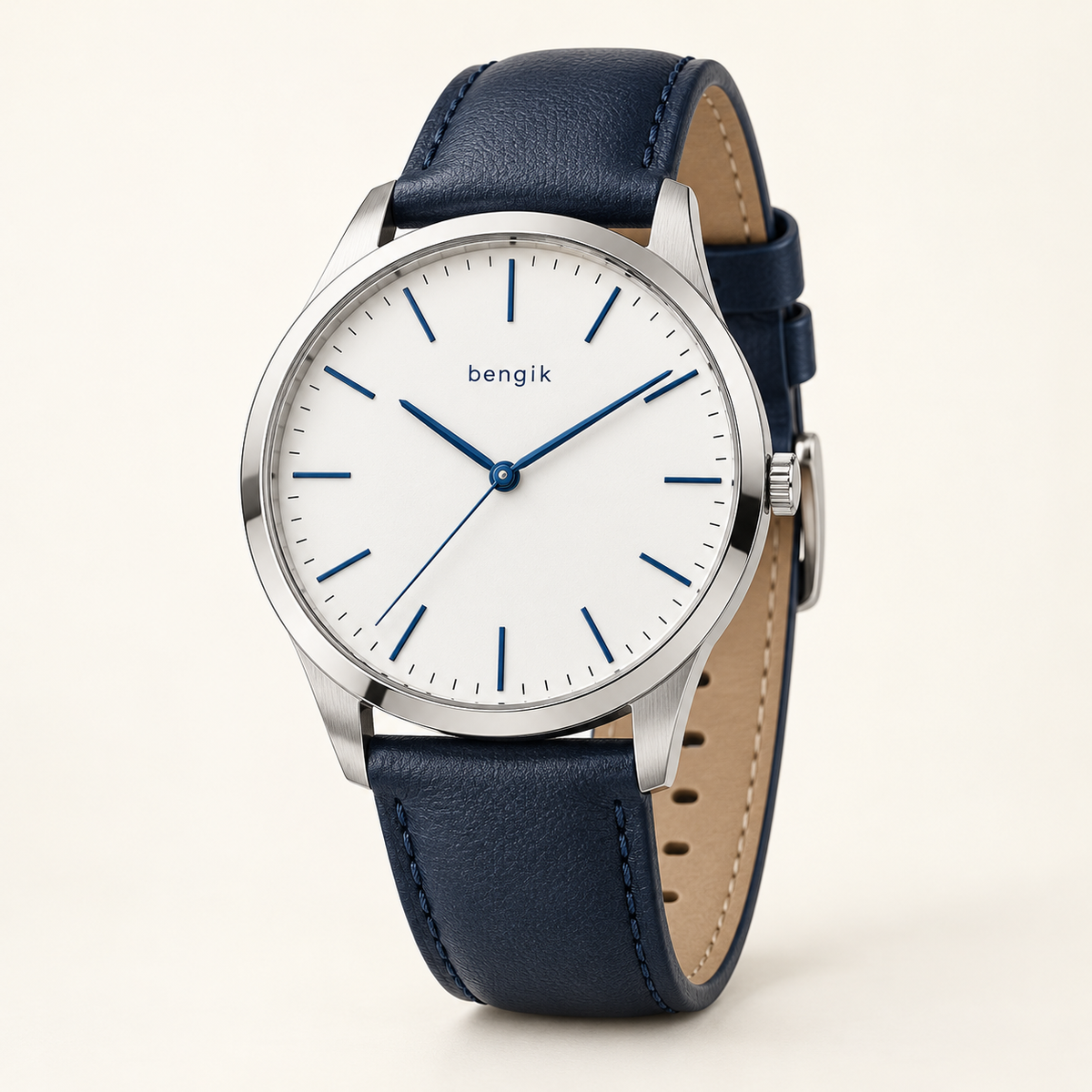 bengik Horizon watch: round silver-tone case, white dial, blue baton markers and navy leather-look strap, main three-quarter view.