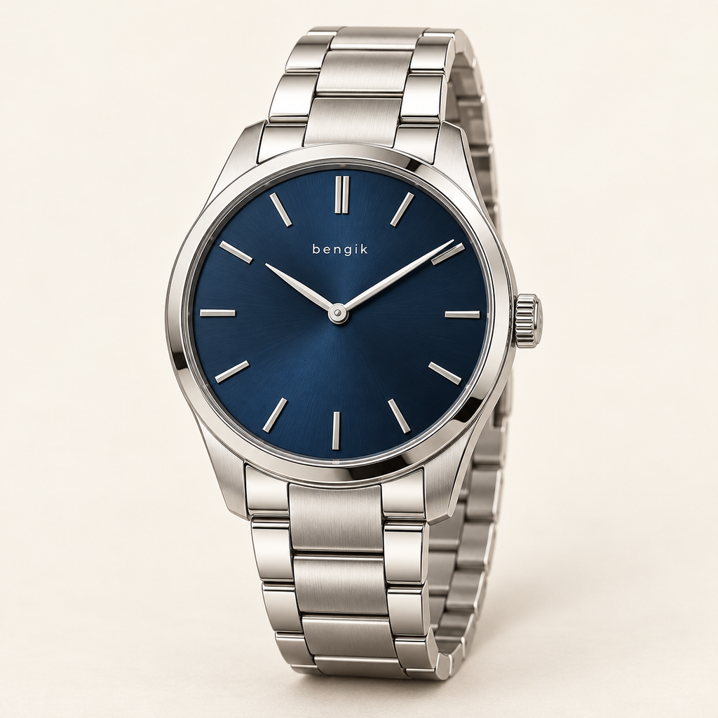 bengik Meridian watch: round silver-tone case, midnight-blue dial, slim baton markers and silver-tone link bracelet, main three-quarter view.