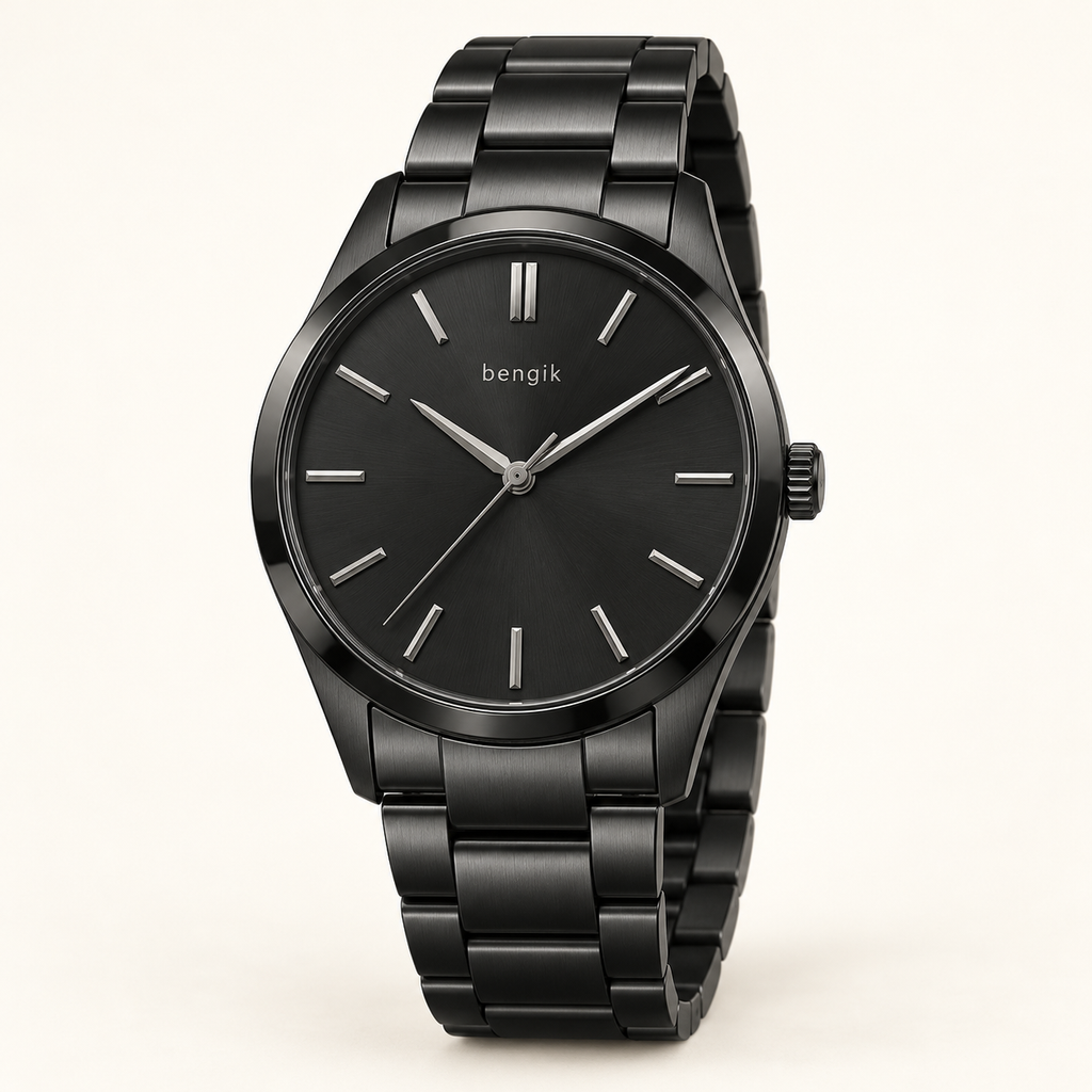 bengik Nocturne watch: round black-tone case, black dial, restrained baton markers and black link bracelet, main three-quarter view.