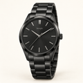 bengik Nocturne watch: round black-tone case, black dial, restrained baton markers and black link bracelet, main three-quarter view.