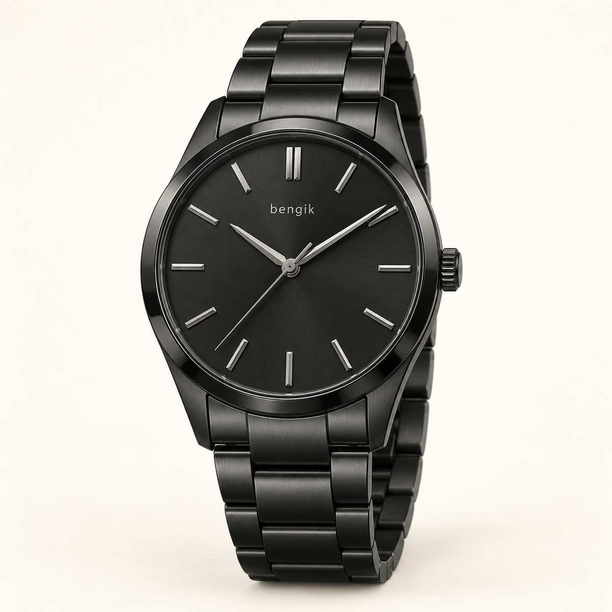 bengik Nocturne watch: round black-tone case, black dial, restrained baton markers and black link bracelet, main three-quarter view.