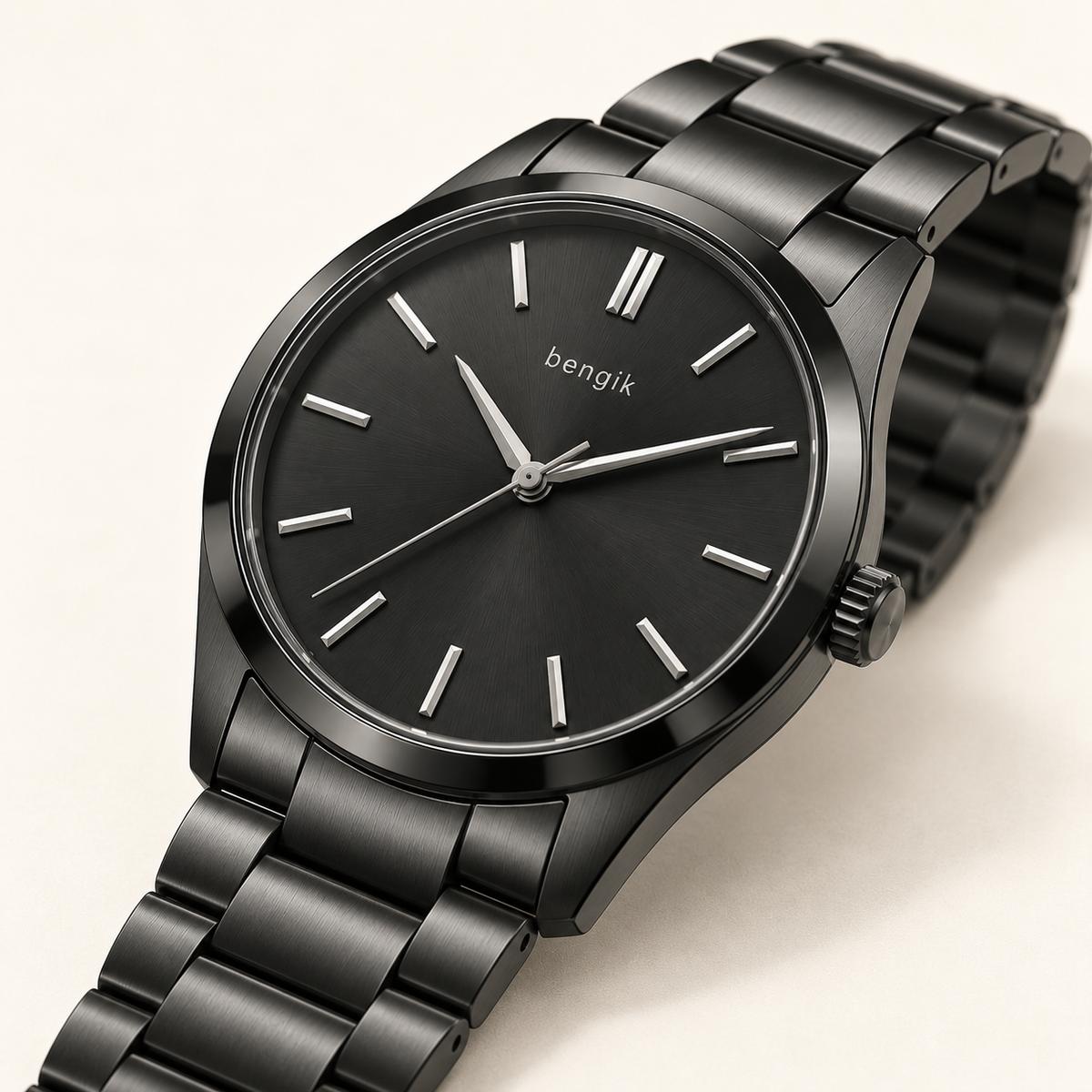 bengik Nocturne watch: round black-tone case, black dial, restrained baton markers and black link bracelet, diagonal detail view.