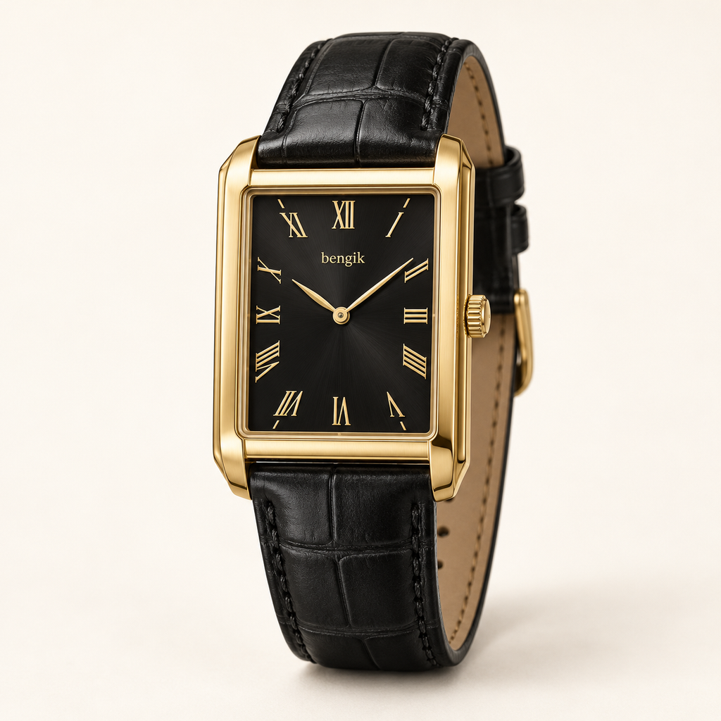 bengik Regent watch: rectangular gold-tone case, black dial, gold-tone Roman numerals and black leather-look strap, main three-quarter view.