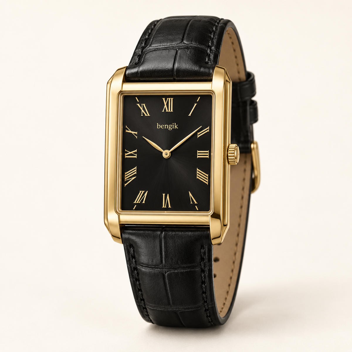 bengik Regent watch: rectangular gold-tone case, black dial, gold-tone Roman numerals and black leather-look strap, main three-quarter view.