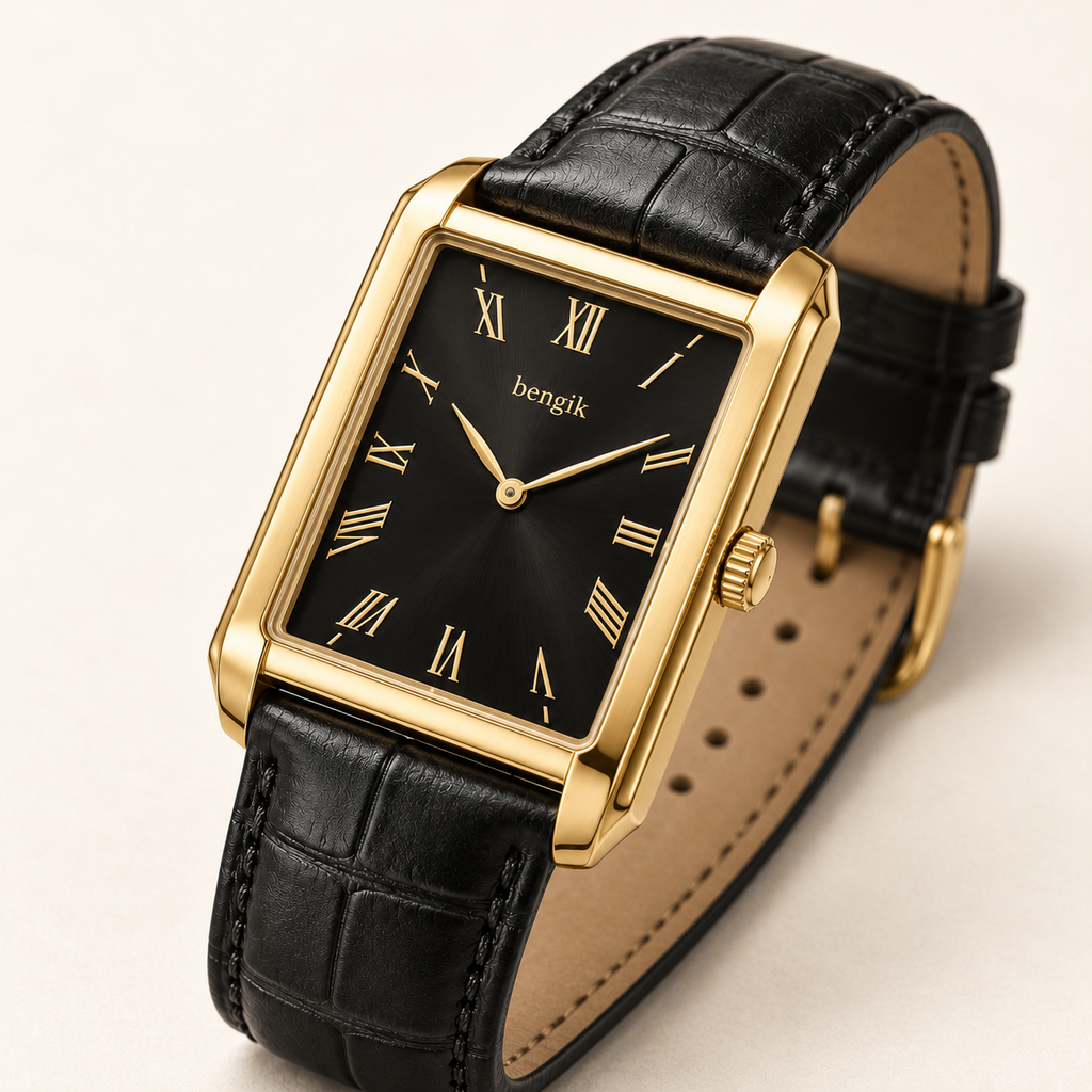 bengik Regent watch: rectangular gold-tone case, black dial, gold-tone Roman numerals and black leather-look strap, diagonal detail view.