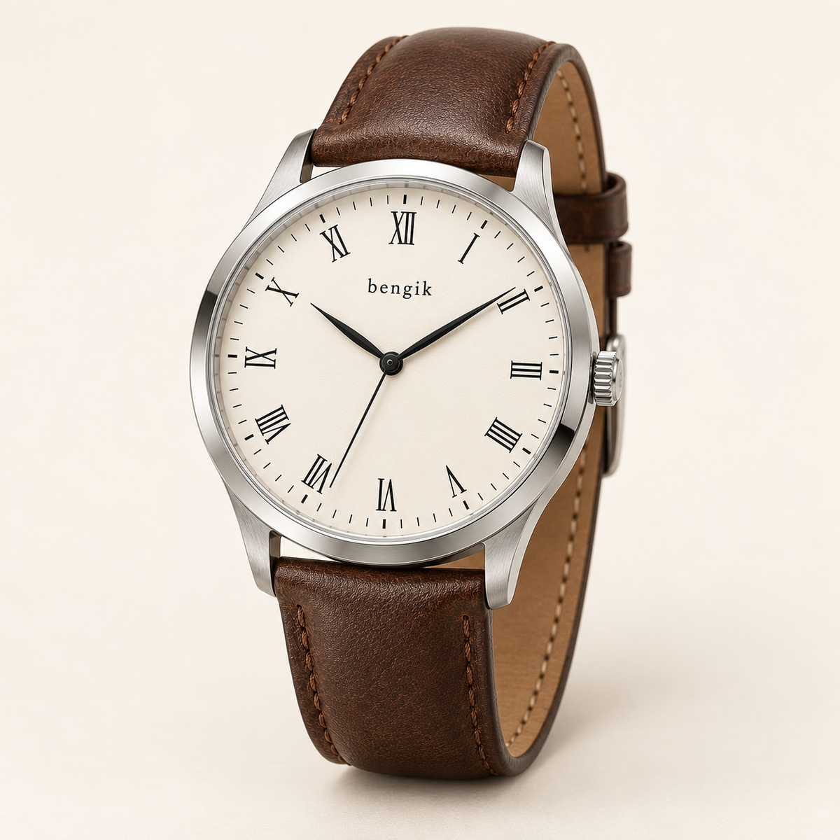 bengik Solstice watch: round silver-tone case, ivory dial, slender Roman numerals and brown leather-look strap, main three-quarter view.