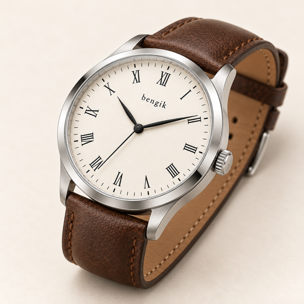 bengik Solstice watch: round silver-tone case, ivory dial, slender Roman numerals and brown leather-look strap, diagonal detail view.