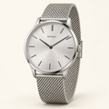 bengik Sterling watch: round silver-tone case, silver dial, slim dark baton markers and silver-tone mesh bracelet, main three-quarter view.