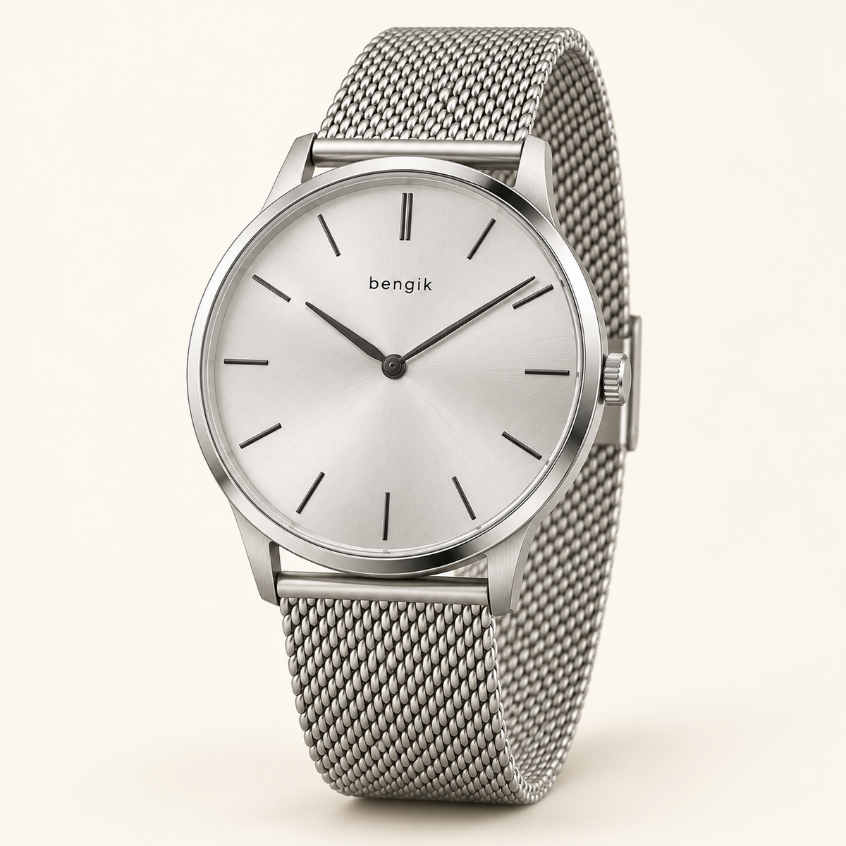 bengik Sterling watch: round silver-tone case, silver dial, slim dark baton markers and silver-tone mesh bracelet, main three-quarter view.