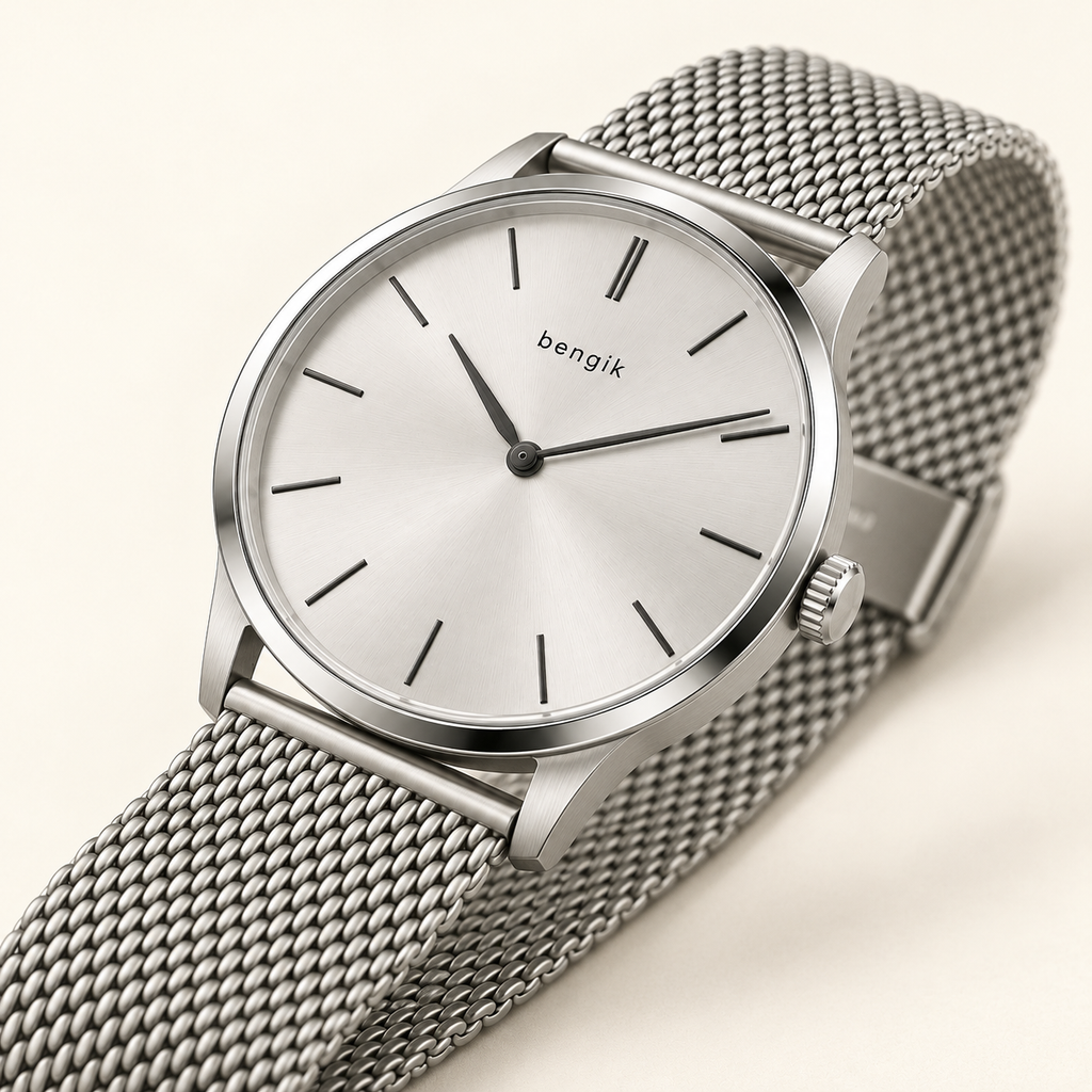 bengik Sterling watch: round silver-tone case, silver dial, slim dark baton markers and silver-tone mesh bracelet, diagonal detail view.
